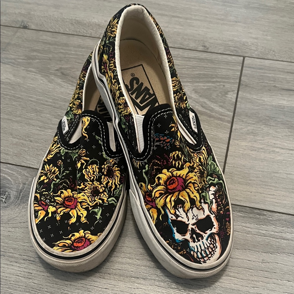 Vans Slip-On Sneakers - Black with Colorful Flower Skull Design-Size 5